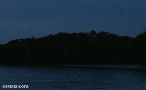 A Dark Lake With Trees In The Background And A Blue Sky GIF