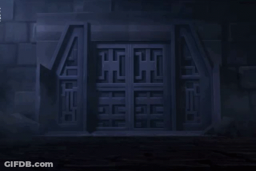 A Dark Room With A Light Shining Through A Door With The Letter C On It GIF