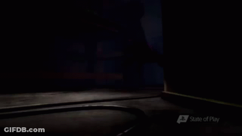 A Dark Room With Purple Lights And A State Of Play Logo GIF