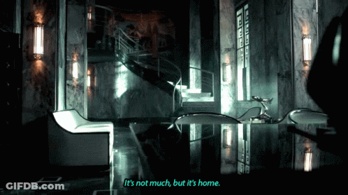 A Dark Room With The Words It 'S Not Much But It 'S Home On The Bottom Right GIF