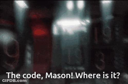 A Dark Room With The Words " The Code Mason Where Is It " Written On It GIF
