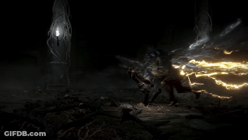 A Dark Scene With A Light Coming Out Of A Pillar GIF
