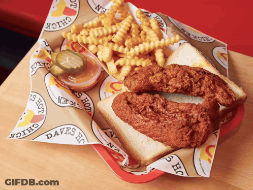 A Daves Hot Chicken Sandwich And French Fries GIF