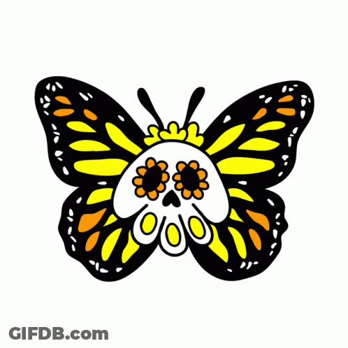 A Day Of The Dead Butterfly With A Skull And Flowers On Its Wings GIF