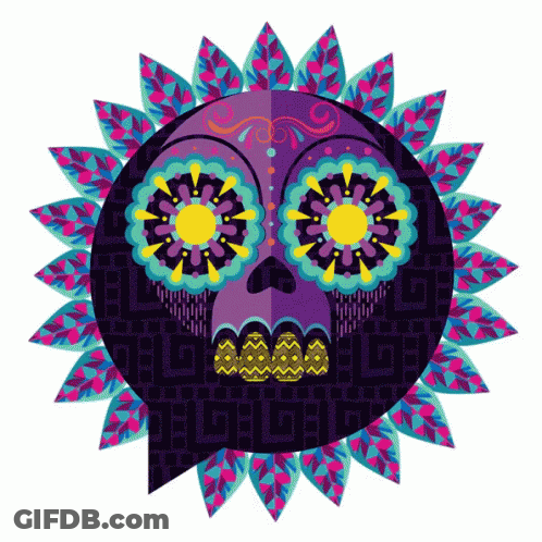 A Day Of The Dead Illustration With A Skull In The Center GIF