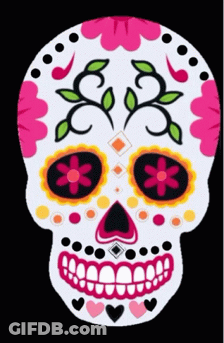 A Day Of The Dead Sugar Skull With Pink Flowers On The Eyes GIF