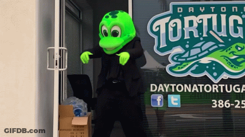 A Daytona Tortuga Mascot Stands In Front Of A Glass Door GIF