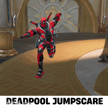 A Deadpool Jumpscare Poster With A Video Game Character GIF