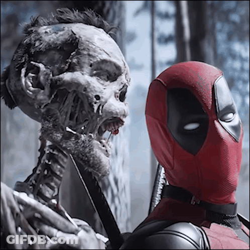 A Deadpool Standing Next To A Skeleton With Blood Coming Out Of Its Mouth GIF