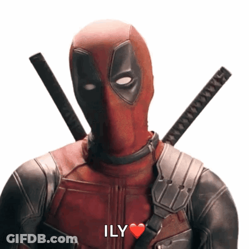 A Deadpool With Two Swords Behind His Back Says Ily With A Heart GIF