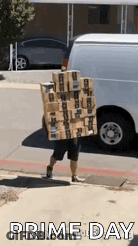 A Delivery Man Is Carrying A Stack Of Boxes On His Back . GIF