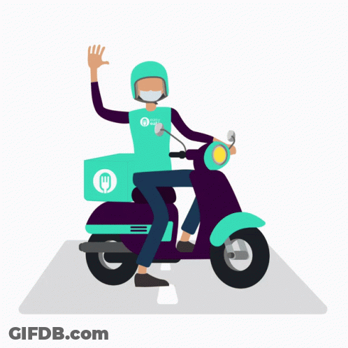 A Delivery Man Wearing A Mask Is Riding A Scooter With A Box On The Back That Has A Fork And Knife On It GIF