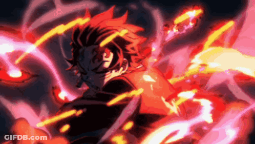 A Demon Slayer Character Is Surrounded By Red And Yellow Flames And Smoke . GIF