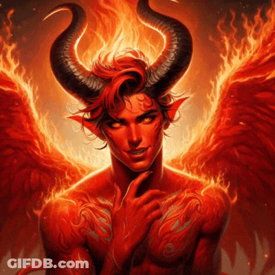A Demon With Horns And Wings Is Smiling GIF