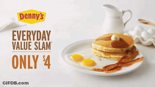 A Denny 'S Advertisement Shows A Plate Of Pancakes And Eggs GIF