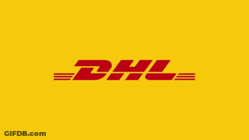 A Dhl Logo On A Yellow Background That Says 50 Years GIF