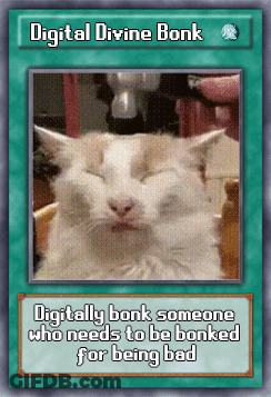 A Digital Divine Bonk Card With A White Cat On It GIF