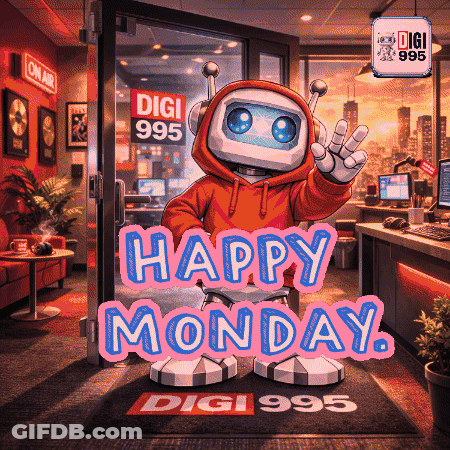 A Digital Illustration Of A Robot Saying Happy Monday On Digi 995 GIF