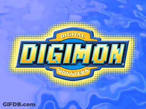 A Digital Monsters Logo On A Blue And Yellow Background GIF