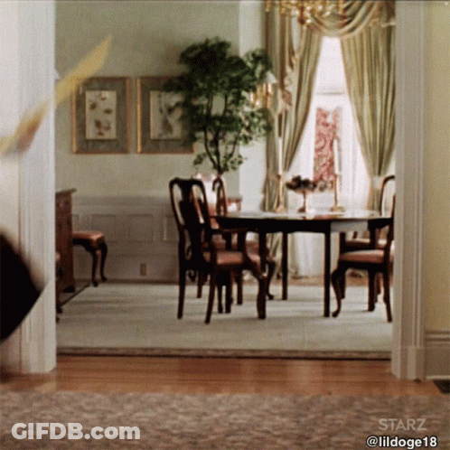 A Dining Room With A Starz Logo On The Bottom Right GIF