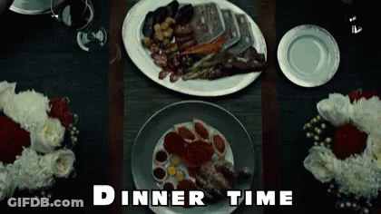A Dinner Table With Two Plates Of Food And The Words Dinner Time On The Bottom GIF
