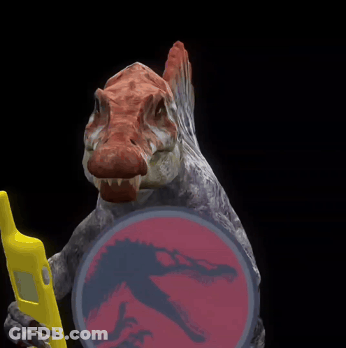 A Dinosaur Holding A Yellow Cell Phone In Front Of A Jurassic World Logo GIF