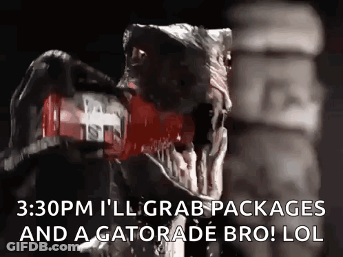 A Dinosaur Is Holding A Gatorade Bottle In Its Mouth .. GIF