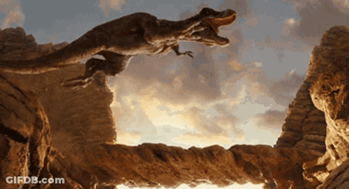 A Dinosaur Is Jumping Over A Bridge With Its Mouth Wide Open GIF