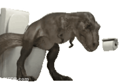 A Dinosaur Is Sitting On A Toilet And Looking At A Roll Of Toilet Paper GIF