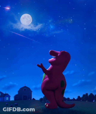 A Dinosaur Is Standing In A Field At Night Looking At The Moon GIF