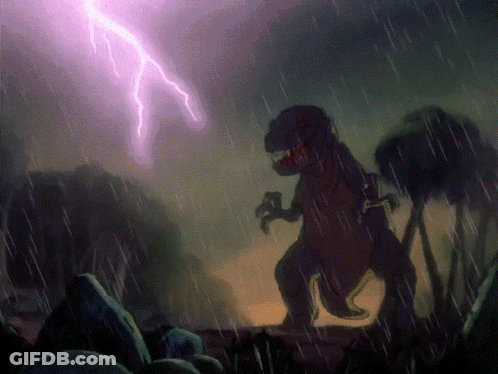 A Dinosaur Is Standing In The Rain With A Lightning Bolt In The Background GIF