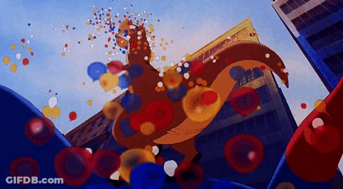 A Dinosaur Is Surrounded By Balloons And Confetti GIF