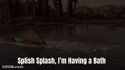 A Dinosaur Is Swimming In A Lake With The Words Splish Splash I 'M Having A Bath GIF