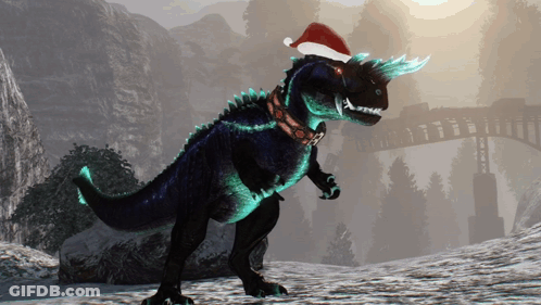 A Dinosaur Is Wearing A Santa Hat And A Collar GIF