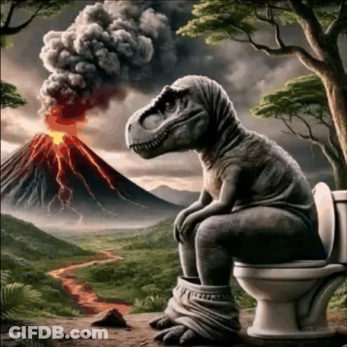 A Dinosaur Sits On A Toilet In Front Of A Volcano GIF