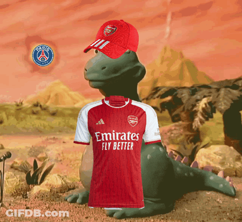 A Dinosaur Wearing An Emirates Fly Better Shirt GIF