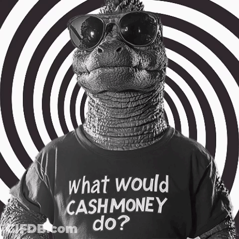 A Dinosaur Wearing Sunglasses And A T-Shirt That Says " What Would Cashmoney Do " GIF