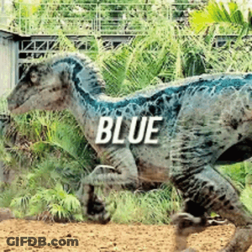 A Dinosaur With The Word Blue On It Is Running In The Dirt GIF