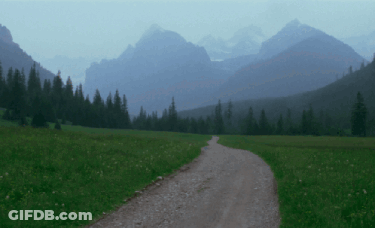 A Dirt Road Going Through A Grassy Field In The Mountains GIF