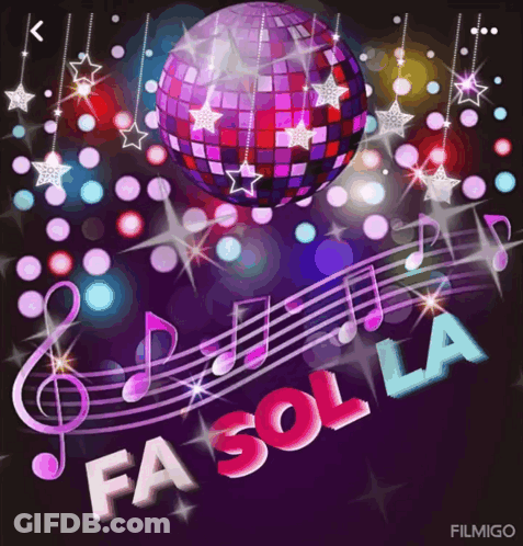 A Disco Ball Is Surrounded By Music Notes And The Word Fa Sola GIF