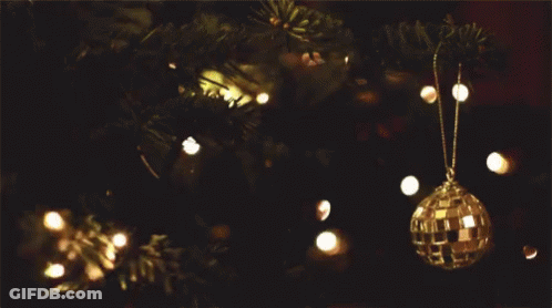 A Disco Ball Ornament Is Hanging From A Christmas Tree GIF