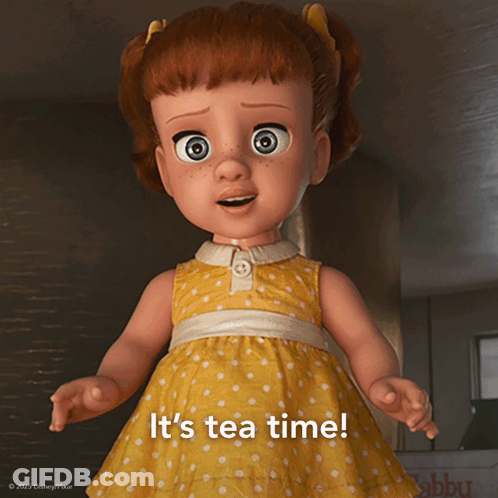 A Disney Pixar Doll Says It 'S Tea Time While Wearing A Yellow Dress GIF