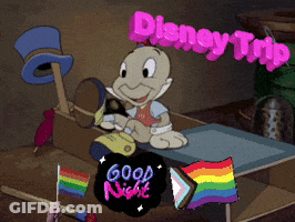 A Disney Trip Advertisement With A Cartoon Character And Rainbow Flags GIF