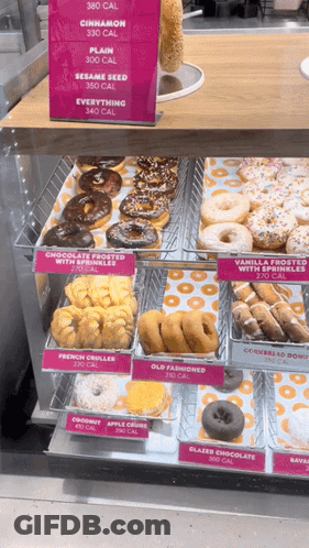 A Display Case Of Donuts With A Sign That Says 360 Calories On It GIF