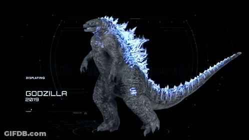 A Display Of A Godzilla From 2019 With A Black Background GIF