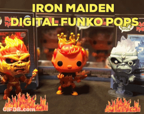 A Display Of Iron Maiden Funko Pop Figures GIF