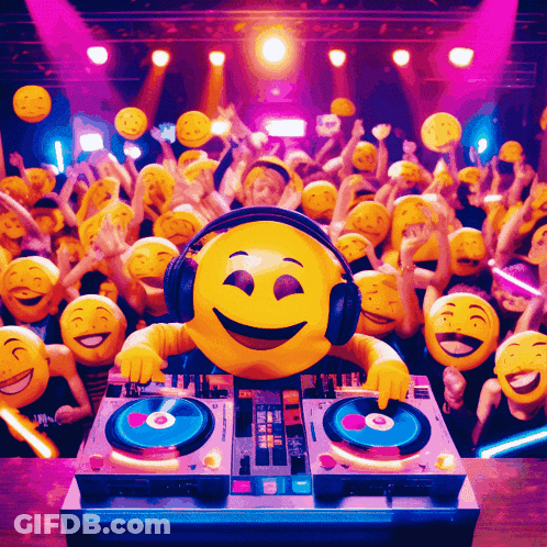 A Dj With A Smiley Face On His Head Is Surrounded By Smiley Faces GIF