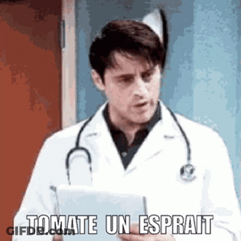 A Doctor With A Stethoscope Around His Neck Is Holding A Clipboard And Saying Tomate Un Esprat . GIF