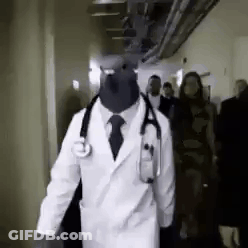 A Doctor With A Stethoscope Around His Neck Is Walking Down A Hallway In A Hospital . GIF