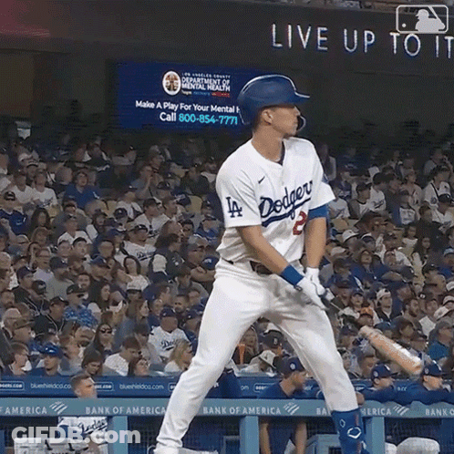 A Dodgers Baseball Player Getting Ready To Swing At A Pitch GIF